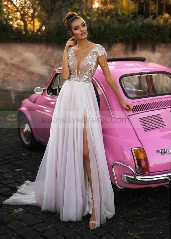 Heavily Beaded Ivory Tulle High Slit Sexy Beach Wedding Dress Heavily Beaded Ivory Tulle High Slit Sexy Beach Wedding Dress